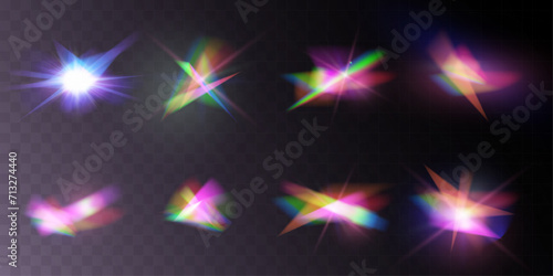 Light crystal shiny hologram bokeh. Set of transparent color effects. 