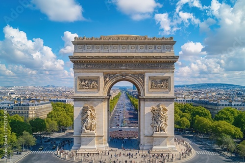 Arc de Triomphe in France, Paris, aerial view on a scenic sunset
