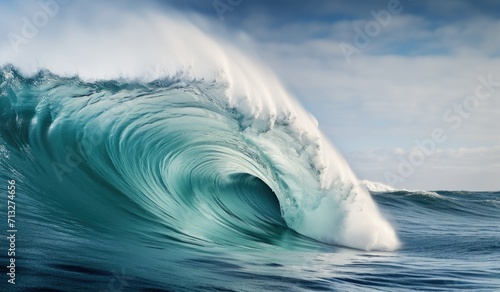 A big sea wave in the sea. A long, swirling wave. Tsunami.