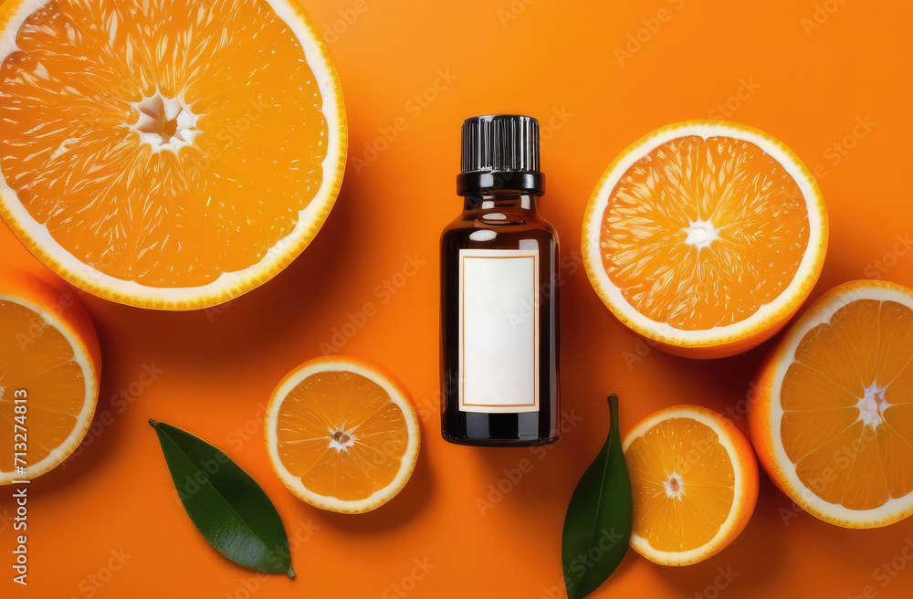 unbranded essence oil bottle on orange background with citrus slices. mockup for cosmetic products. unbranded essence oil bottle on orange background with citrus slices. mockup for cosmetic products.