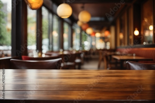 Interior of a restaurant with a blurred table and chairs background