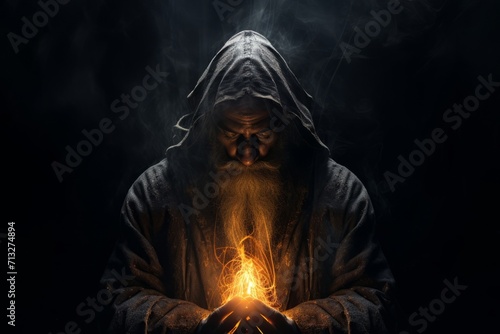 White-bearded old man praying. Ancient and mysterious