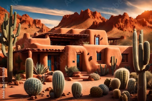  a Western desert retreat, featuring adobe-style architecture, cactus gardens, and warm terracotta hues under the expansive blue sky 