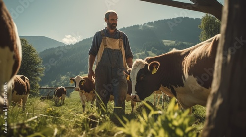 A male farmer tends his cows on a small family farm in the mountains. Cattle breeding as a way of life. Organic products photo