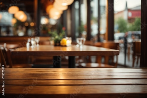 Interior of a restaurant with a blurred table and chairs background