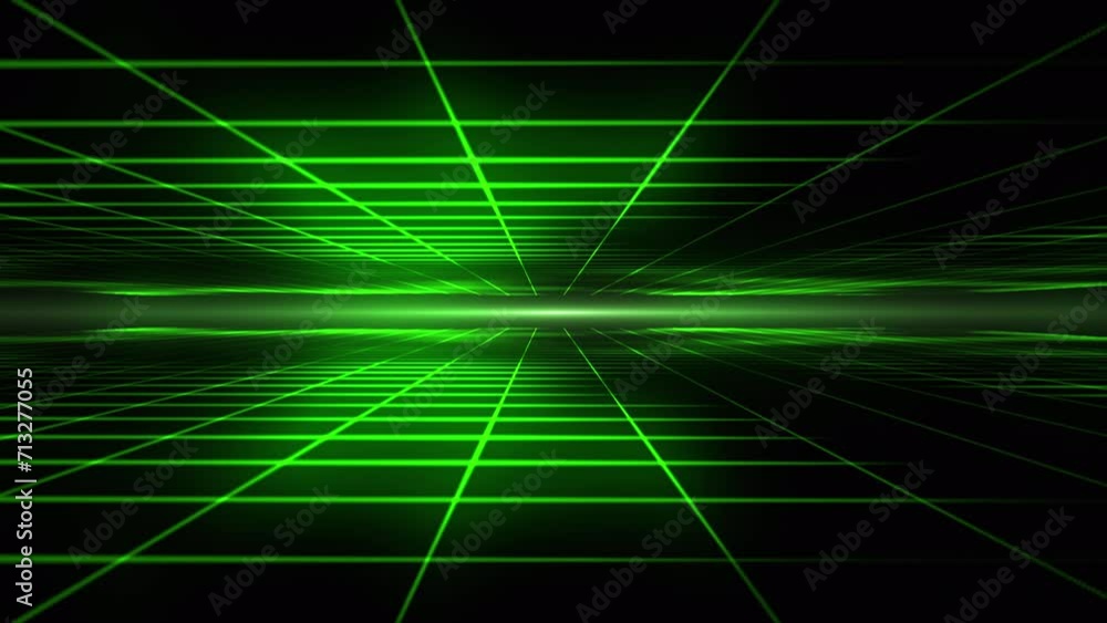 Futuristic retro grid of neon green lines forming an endless tunnel. Cryptocurrency, big data, blockchain and digital technology background. Seamless grid tunnel. Finance, business, AI. 4k loop.