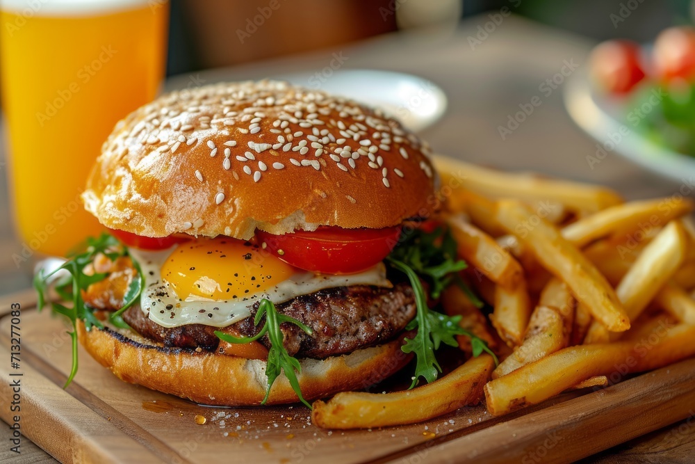 Close-up of homemade beef burger on wooden cutting board. Hamburger with Black Angus cutlet, cheese, tomatoes, fried egg and green salad leaves, topped with sesame seeds. French fries on the side. Close-up of homemade beef burger on wooden cutting board. Hamburger with Black Angus cutlet, cheese, tomatoes, fried egg and green salad leaves, topped with sesame seeds. French fries on the side.