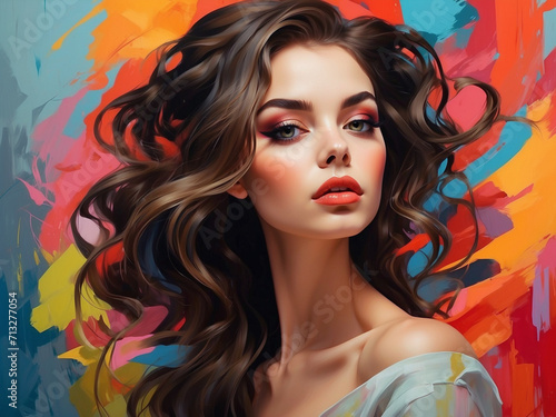 Beautiful art painting of a young woman on a colorful background. © BNMK0819