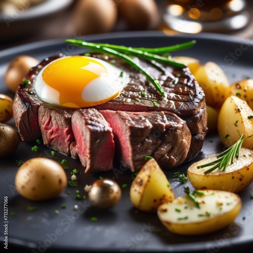Beef steak with potatoes and eggs