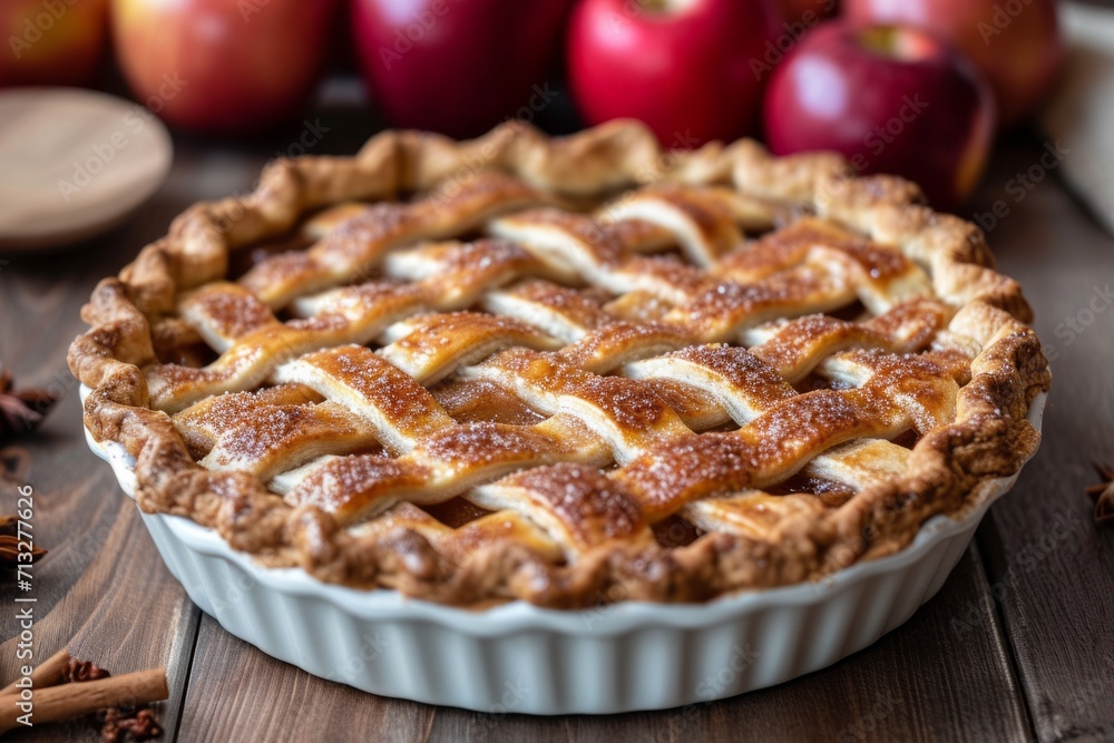 Close-up of an apple pie in white ceramic baking dish on dark wooden table. Sweet pastry topped with powdered sugar and red apples in the background. Close-up of an apple pie in white ceramic baking dish on dark wooden table. Sweet pastry topped with powdered sugar and red apples in the background.