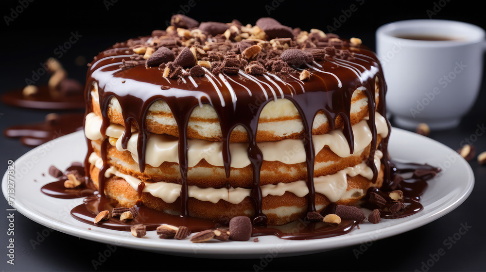 Cake on a plate, cake chocolate frosting cream photorealism photo generative AI Cake on a plate, cake chocolate frosting cream photorealism photo generative AI