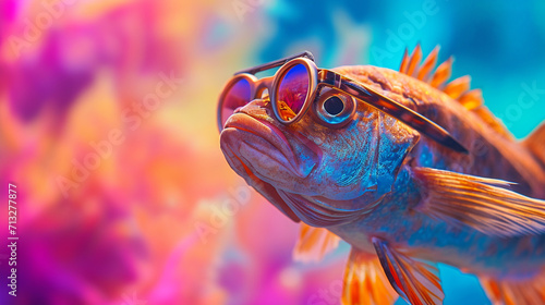 fish wearing sunglasses in studio with a colorful and bright background. AI Generative