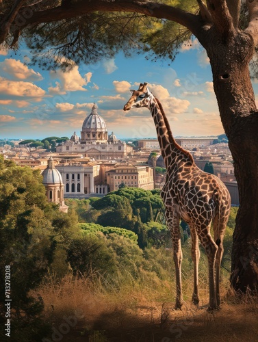 Giraffe with backdrop of Basilica Sancti Petri - AI Generated Digital Art photo