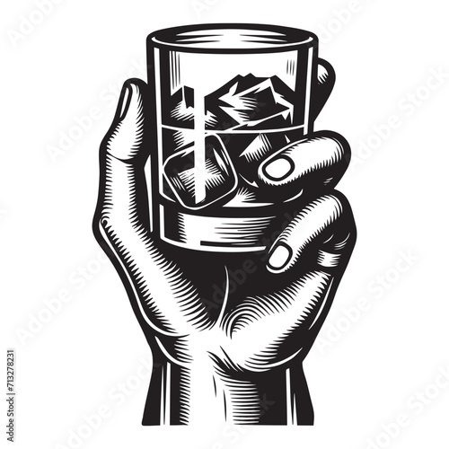 A glass of whiskey with ice in a man's hand.  Vintage retro engraving illustration. Black icon, isolated element	