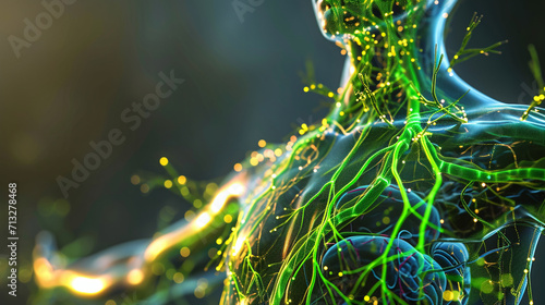 A digitally enhanced image showcasing the lymphatic vessels as a lifelike and vibrant network within the body, with emphasis on their role in maintaining fluid balance and supporti