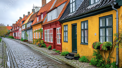 European street with bright, colorful, one-story cozy houses 