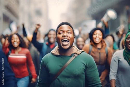 African male activist protesting via megaphone photo