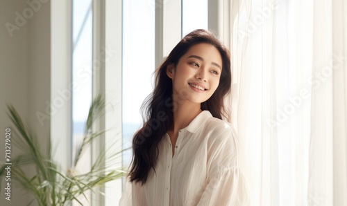 a young asian woman beauty smile wearing a white blouse is standing near a window © Tikka MS