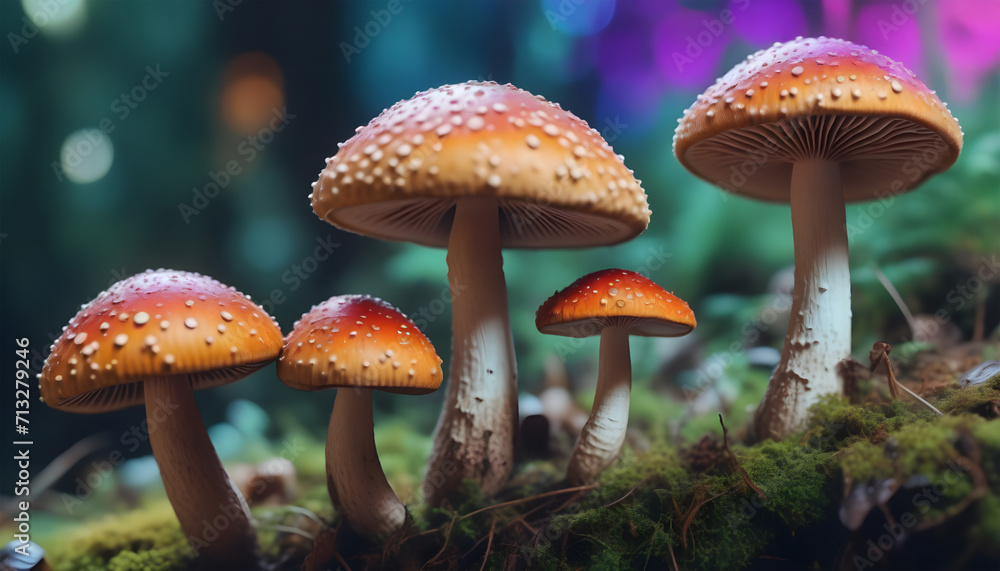 Mushroom in the forest with bokeh lights background. Generative AI Mushroom in the forest with bokeh lights background. Generative AI