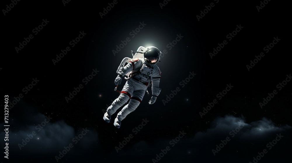 Black and dark space with cosmonaut floating 