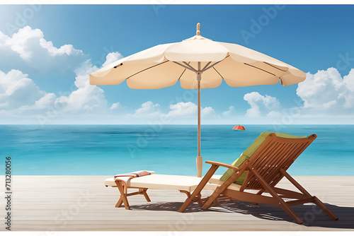 The table set, chairs and umbrella with beach and sky background design. Concept for rest, relaxation design. © Mahmud
