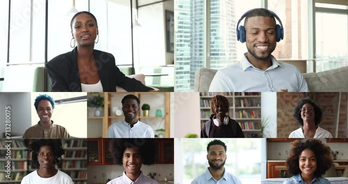 Blogging, social media icon, influencing, videoconference application usage for worldwide communication. Group of African people having on-line conversation smile look at camera, footages collage view photo