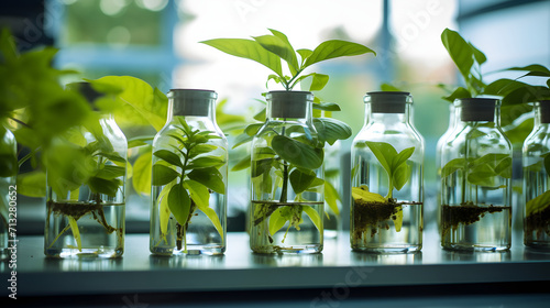 Des plantes dans des éprouvettes en verre dans un laboratoire.