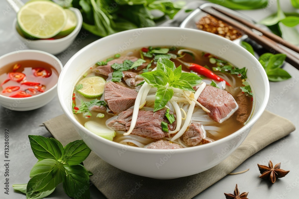 Beef Pho made of beef bones, stalks of celery, halved onion, cloves, star anise, cinnamon sticks, bay leaves, rice noodles, fish sauce, toasted rice flour, beef fillet thin slices, limes quarter Beef Pho made of beef bones, stalks of celery, halved onion, cloves, star anise, cinnamon sticks, bay leaves, rice noodles, fish sauce, toasted rice flour, beef fillet thin slices, limes quarter
