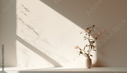 White empty room with vase for flowers  light background with shadows  sunlight Minimalistic