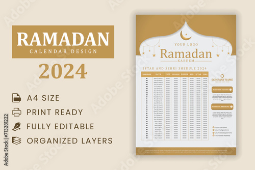 Ramadan kareem calendar 2024. Ramadan Kareem calendar Planner 2024. Iftar and Prayer timetable.