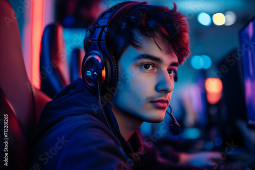 Professional Streamer young man cyber gamer studio room with personal computer armchair, keyboard in neon color blur background