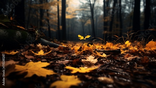 A symphony of autumn colors in a dense forest, with leaves falling gracefully to the ground -Generative Ai