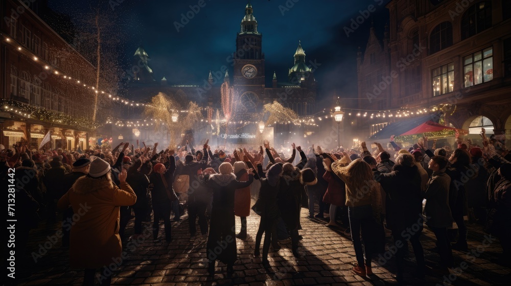 Concert Crowd Celebrating With Confetti in the Air, Live Music Performance,Happy New Year