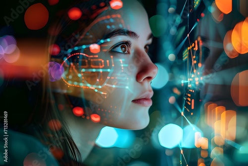 Woman with code analysis information technology.