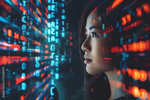 Woman with code analysis information technology.