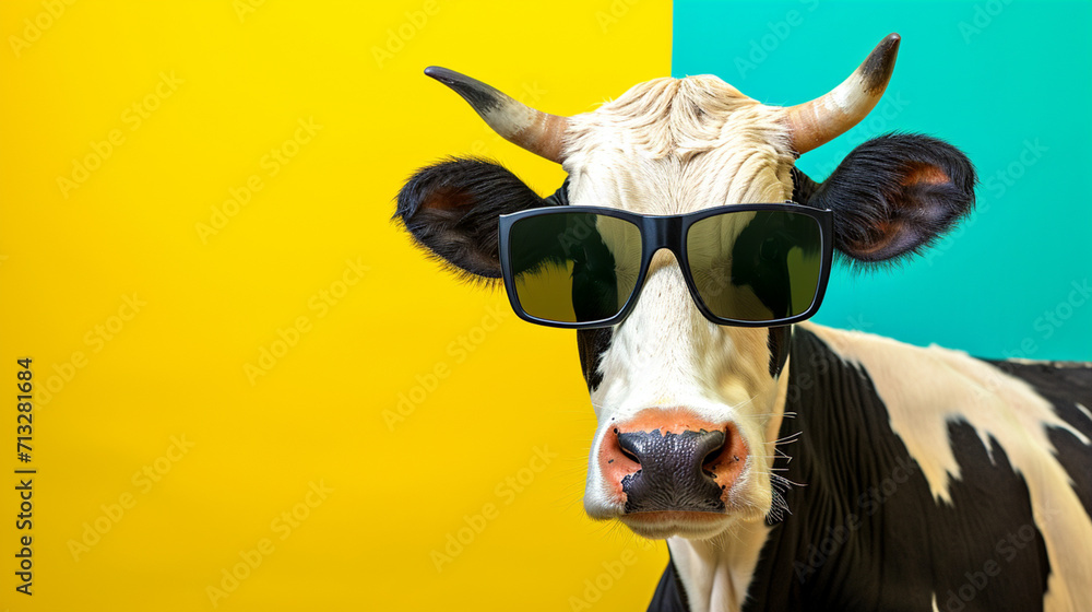 Funny cow with sunglasses in studio with a colorful and bright background. Curious Cow AI Generative Funny cow with sunglasses in studio with a colorful and bright background. Curious Cow AI Generative