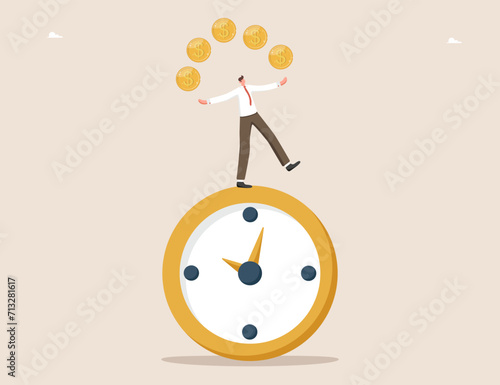 Time is money, earning investment income, pension fund concept, relationship between workload and income, successful time management to achieve reward, man juggling coins while standing on a clock.