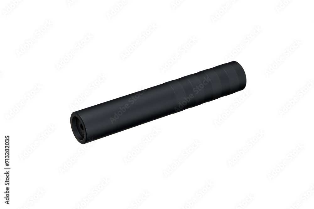 Black silencer for weapons. Suppressor that is at the end of an assault rifle. Isolate on a white back. Black silencer for weapons. Suppressor that is at the end of an assault rifle. Isolate on a white back.