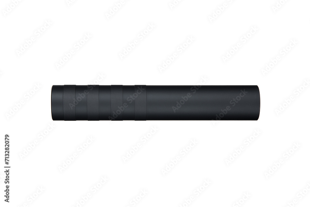 Black silencer for weapons. Suppressor that is at the end of an assault rifle. Isolate on a white back. Black silencer for weapons. Suppressor that is at the end of an assault rifle. Isolate on a white back.