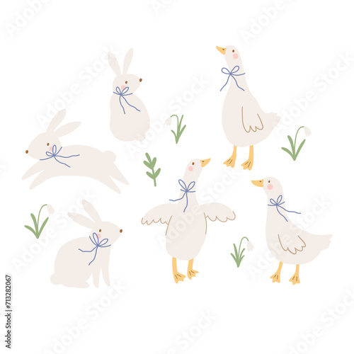 Spring cartoon collection with cute bunny and goose. Happy Easter print in flat style and pastel colors