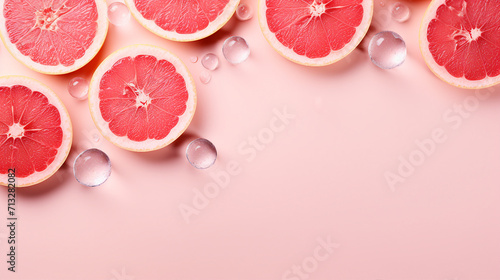 Grapefruit Refreshment: Half Slices and Ice Cubes on Pastel Pink, Top View, Copy Space for Summer Drink Ads