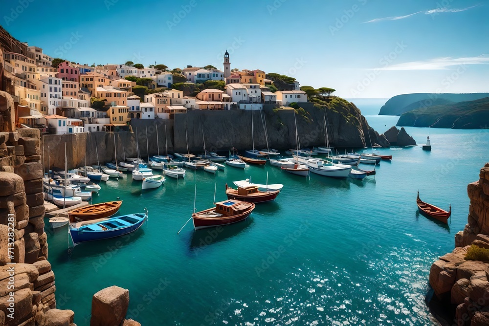  a Western coastal town with colorful boats docked at a quiet harbor, framed by cliffs and overlooking the expansive ocean under a clear sky