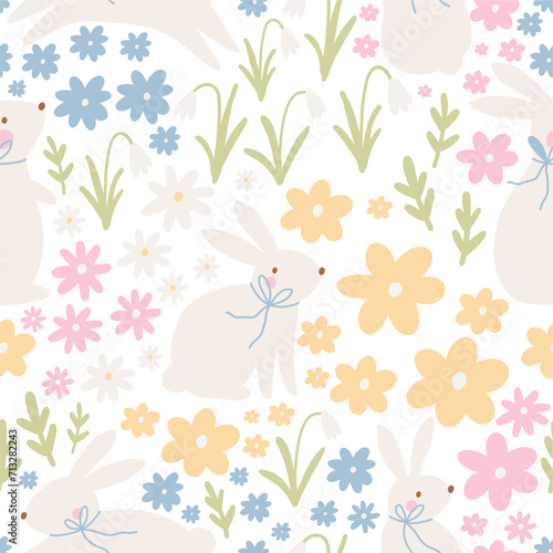 Spring cartoon seamless pattern with cute bunny. Happy Easter print in flat style and pastel colors