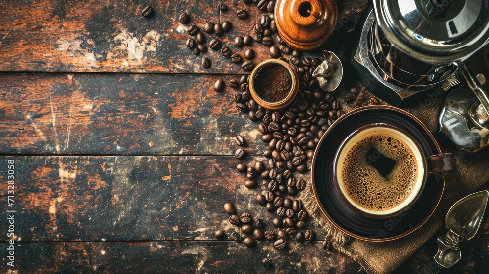 Wooden Delight: Savor the Cozy Moments with a Top-View Cup of Flavored Coffee on a Wooden Table, where Aromatic Beans and Delicious Flavors Evoke a Relaxing Morning. Copy Space. Wooden Delight: Savor the Cozy Moments with a Top-View Cup of Flavored Coffee on a Wooden Table, where Aromatic Beans and Delicious Flavors Evoke a Relaxing Morning. Copy Space.