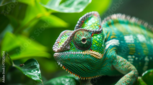 Green colored chameleon close up. Head close up of a chameleon panther. AI Generative © We3 Animal
