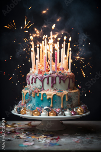 Large birthday cake decorated with lots of burning candles. Two tier holiday dessert at a party at night. AI-generated