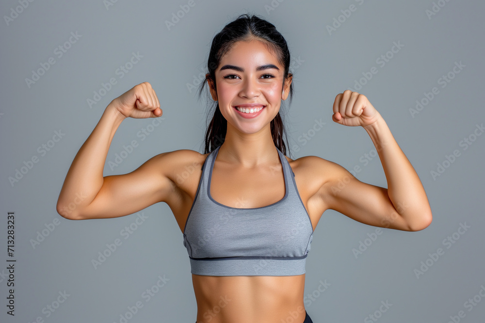 Fitness woman. Young caucasian fitness woman doing sport isolated showing strength gesture with arms. Athletic girl on the gray background. Sport and recreation concept. Fitness woman. Young caucasian fitness woman doing sport isolated showing strength gesture with arms. Athletic girl on the gray background. Sport and recreation concept.