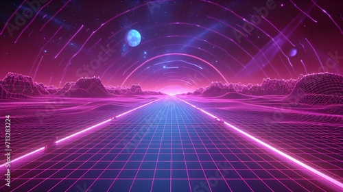 Neon colors vaporwave futuristic background. Step into a mesmerizing world of virtual, Vector cyberpunk illustration with purple grid floor. moon lite, sun lite, photo