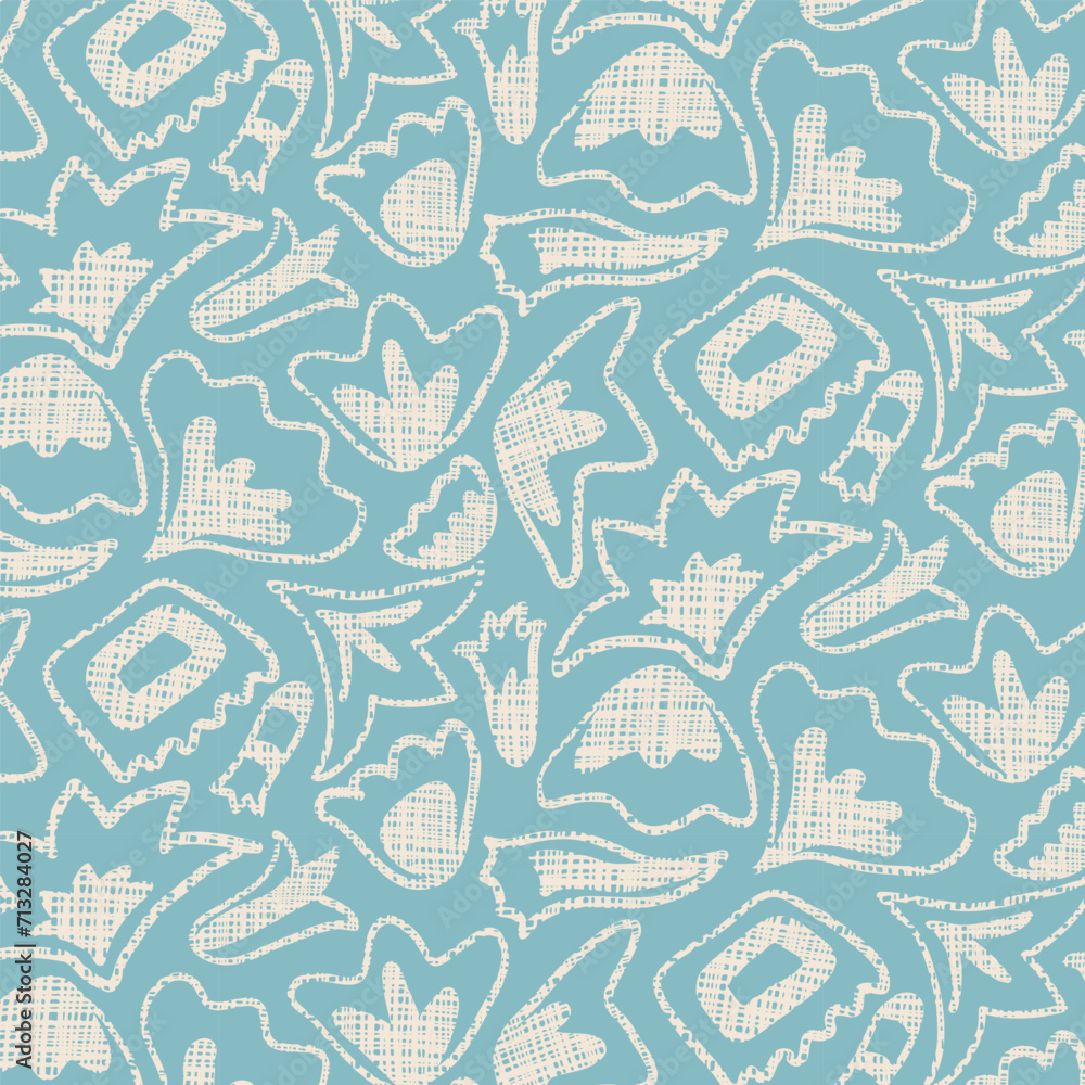 Bold lacy seamless pattern of beige hand drawn flower head on blue background. Minimalist tropical floral design with gauze texture. Bold lacy seamless pattern of beige hand drawn flower head on blue background. Minimalist tropical floral design with gauze texture.
