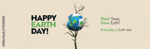 Happy Earth Day. 22nd April Earth day celebration cover banner with earth globe on an almost dry tree. Conceptual social media banner for plant trees and save planet. Action to protect the environment photo